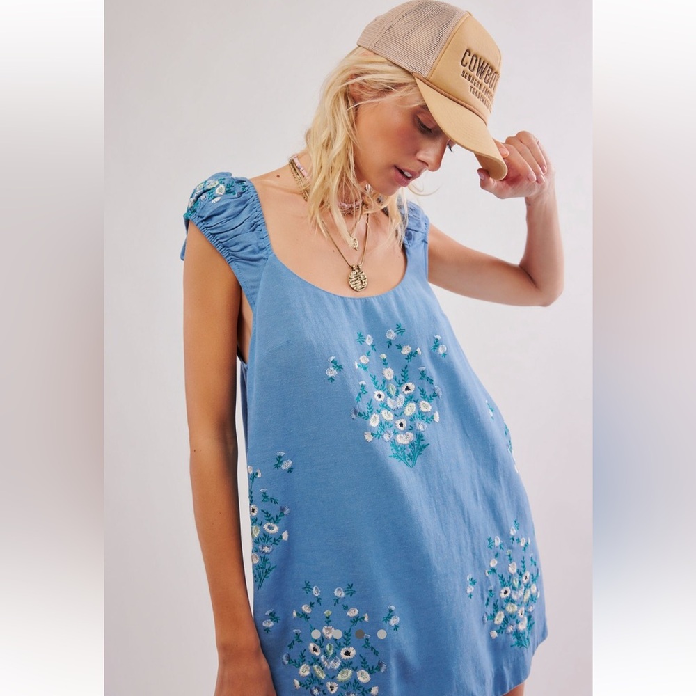 Free People Wildflower Embroidered Mini Dress, Cope  Blue Combo, Size Small